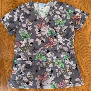 Cherokee Gray Butterfly Print Small Scrub Top